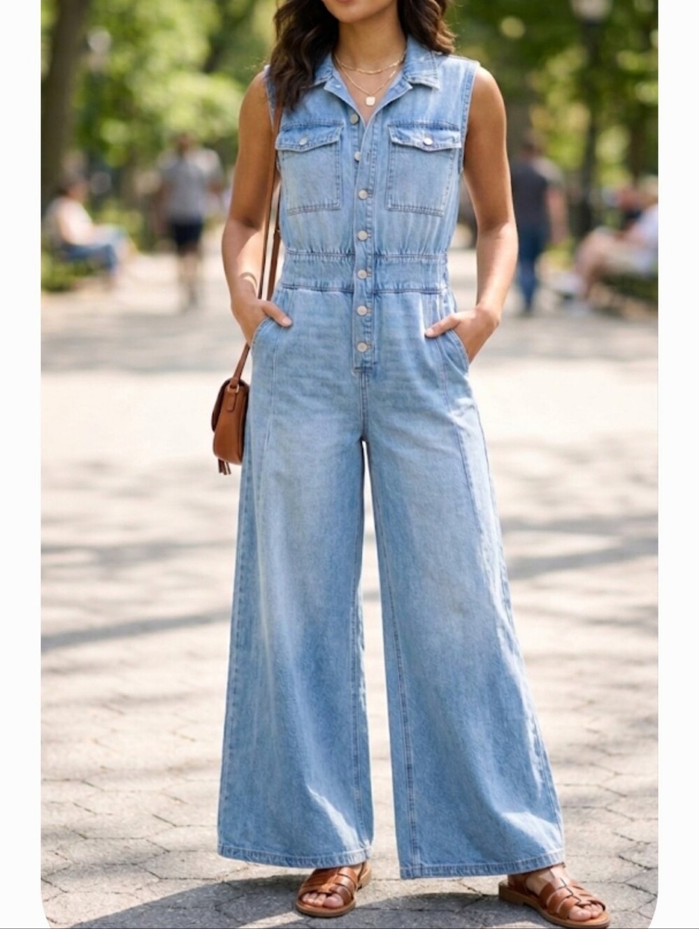 Sleeveless Light Blue Denim Wide-Leg Overalls - Picture 15 of 15